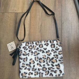 Fur Leopard Crossbody Tan Cream Satchel Purse NWT
